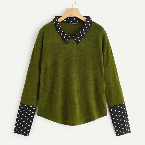 

Contrast Polka Dot Collar And Cuff Tee