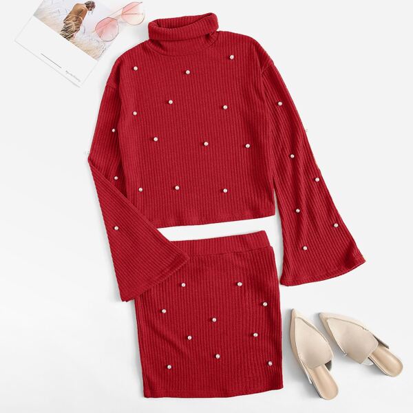 

Pearl Beaded Bell Sleeve Rib-knit Top and Skirt Set