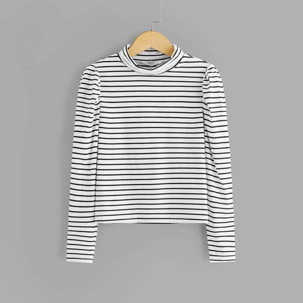 

Girls High Neck Puff Sleeve Striped Tee