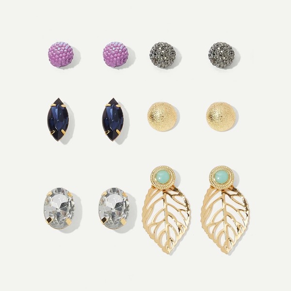 

Leaf & Ball Rhinestone Stud Earrings 6pairs