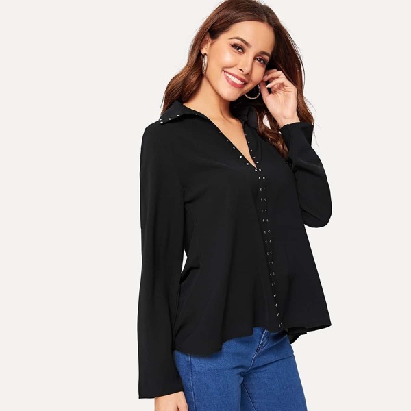 

Studded Trim Dip Hem Blouse