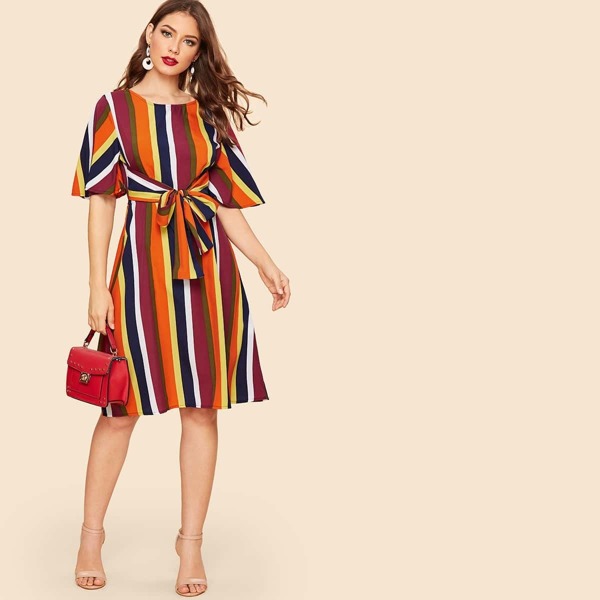 

70s Waist Knot Colorful Stripe Dress
