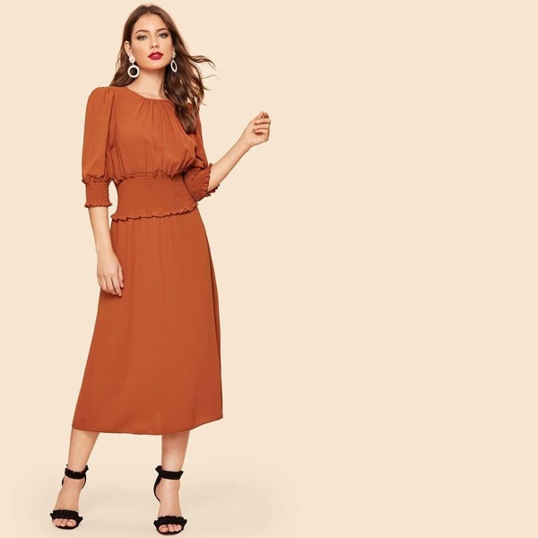 

30s Shirred Waist & Cuff Solid Midi Dress