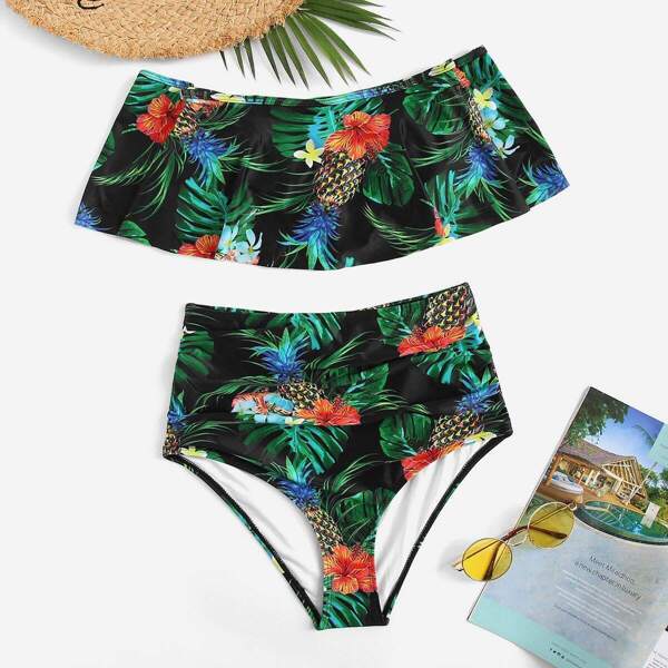 

Removable Strap Tropical Flounce Bikini Set