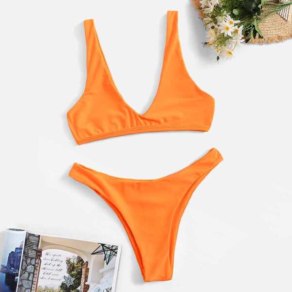 

Plunging Neck Top With High Leg Bikini Set, Orange