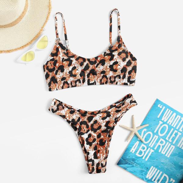 

Leopard Spaghetti Strap Top With High Cut Bikini