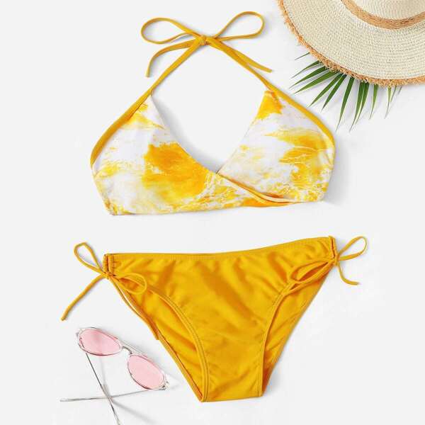 

Marble Print Halter Top With Tie Side Bikini