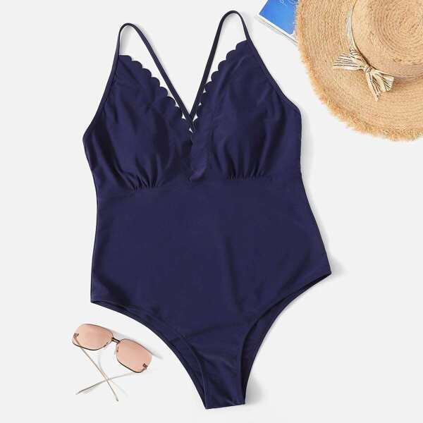

Plus Scalloped Trim Ruched Criss Cross One Piece Swim, Navy