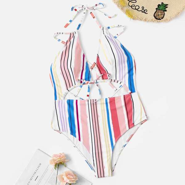 

Plus Striped Cut-out Criss Cross One Piece Swim
