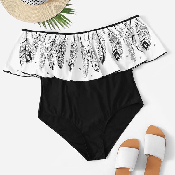 

Plus Feather Print Flounce Off Shoulder One Piece Swimsuit, Black and white