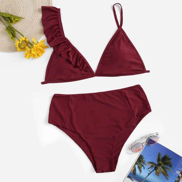 

Plus Ruffle Triangle Top With High Waist Bikini