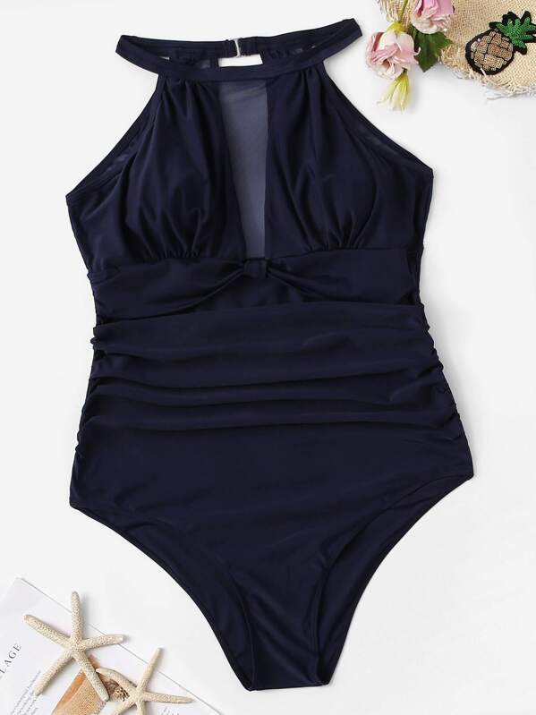 

Plus Contrast Mesh Ruched One Piece Swimsuit, Navy