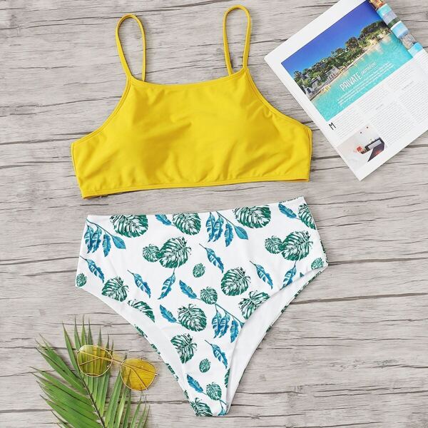

Plus Leaf Print Mix & Match Bikini Set, Multicolor