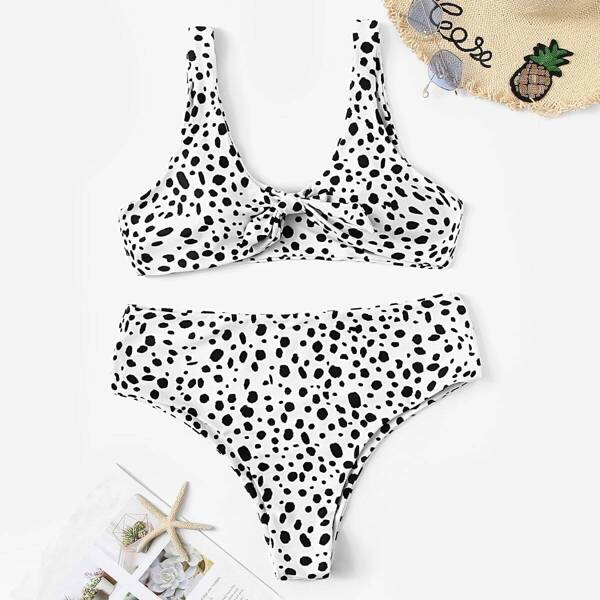 

Plus Dot Print High Waist Bikini Set, Black and white
