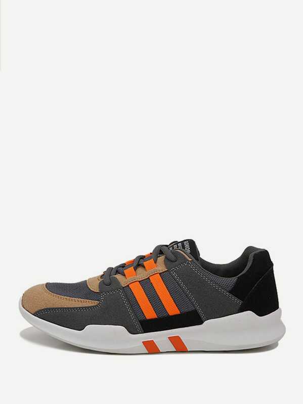 

Men Suede Panel Lace-up Front Sneakers, Grey