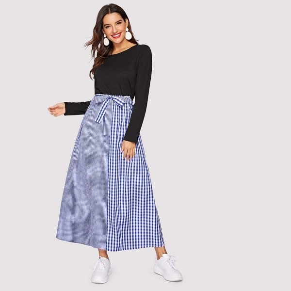 

Contrast Gingham Print Knot-front Dress, Multicolor
