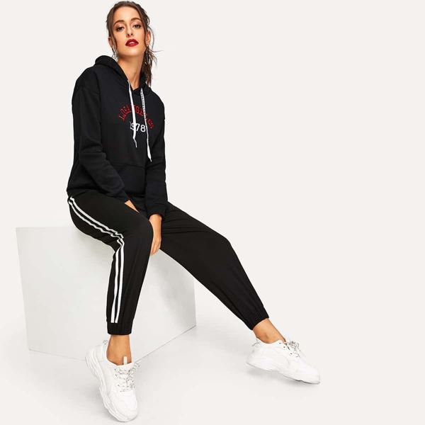 

Letter Embroidered Hoodie & Tuxedo Striped Side Sweatpants