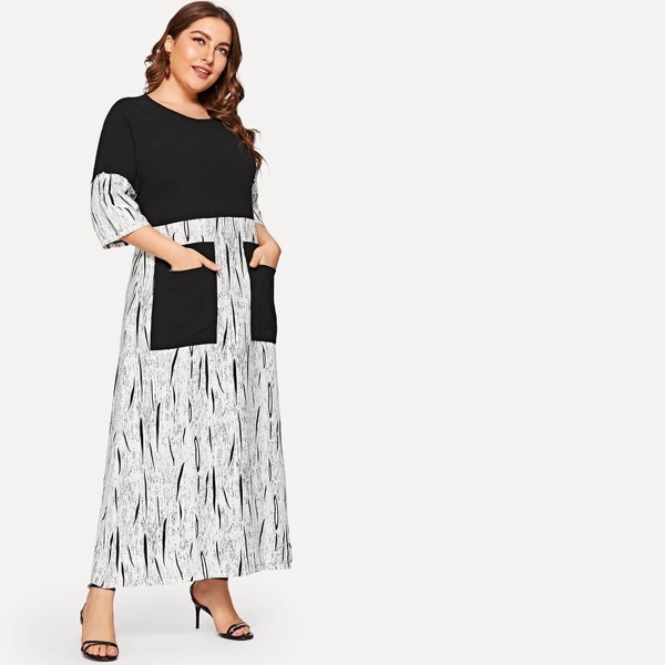 

Plus Color Block Pocket Detail Dress, Black and white