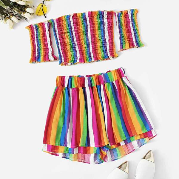 

Lettuce Frill Shirred Colorful Striped Top With Shorts