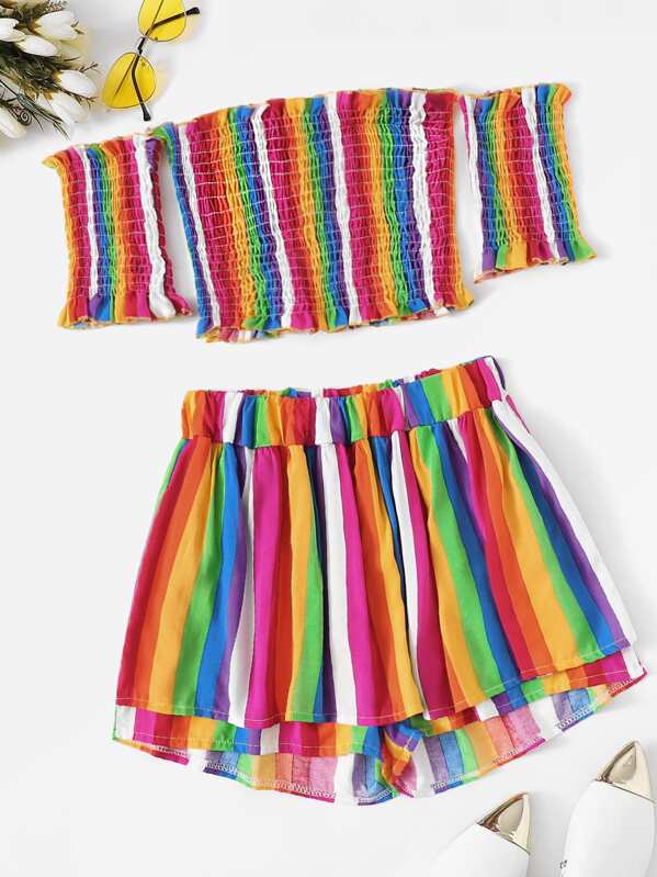 

Lettuce Frill Shirred Colourful Striped Top With Shorts, Multicolor