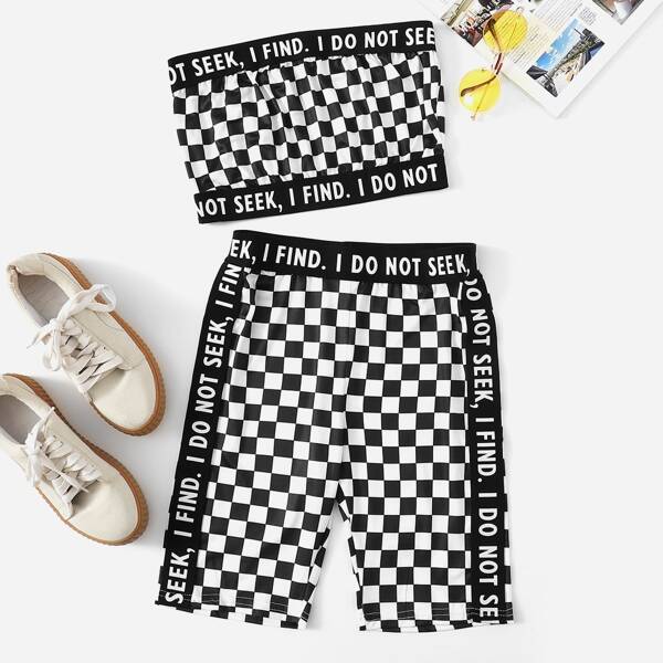 

Checkerboard Print Letter Panel Bandeau Top With Shorts