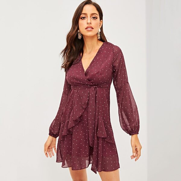 

Polka Dot Self Tie Flounce Surplice Dress