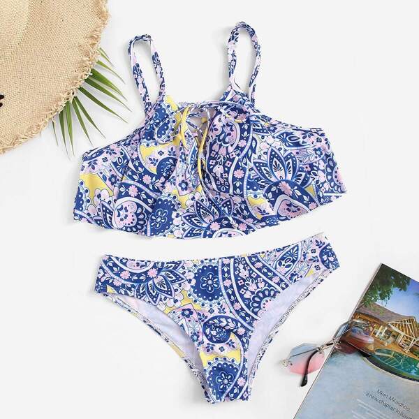 

Random Geo Print Lace Up Flounce Bikini Set