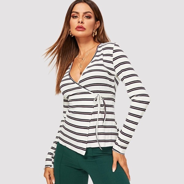 

Rib-knit Tie Side Wrap Striped Tee