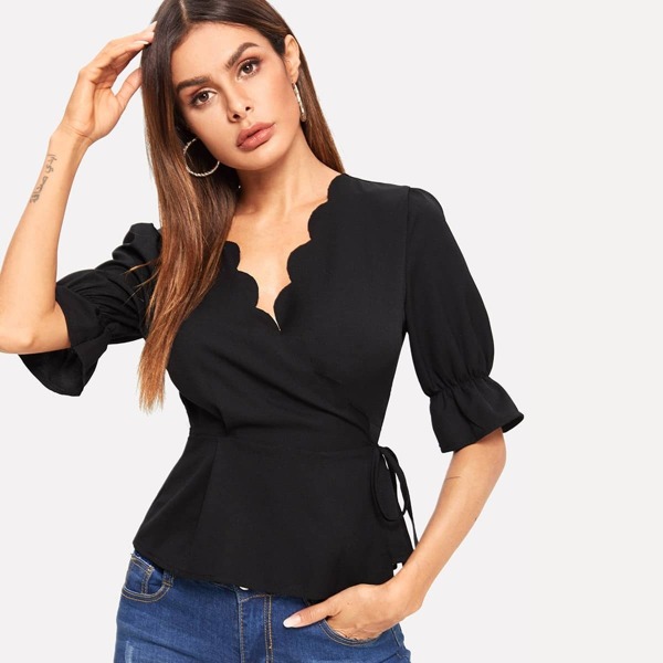 

Scallop Trim Wrap Peplum Blouse, Black