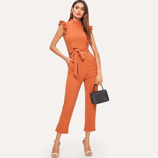 

Contrast Ruffle Cuff Knot Hem Top With Pants, Orange