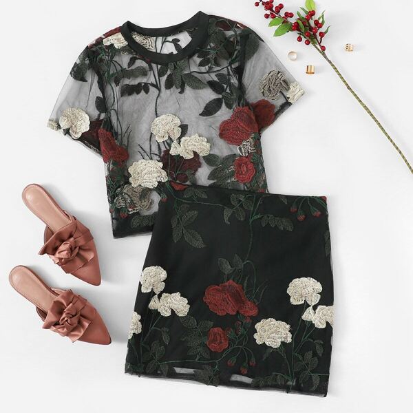 

Floral Embroidered Sheer Mesh Top With Skirt