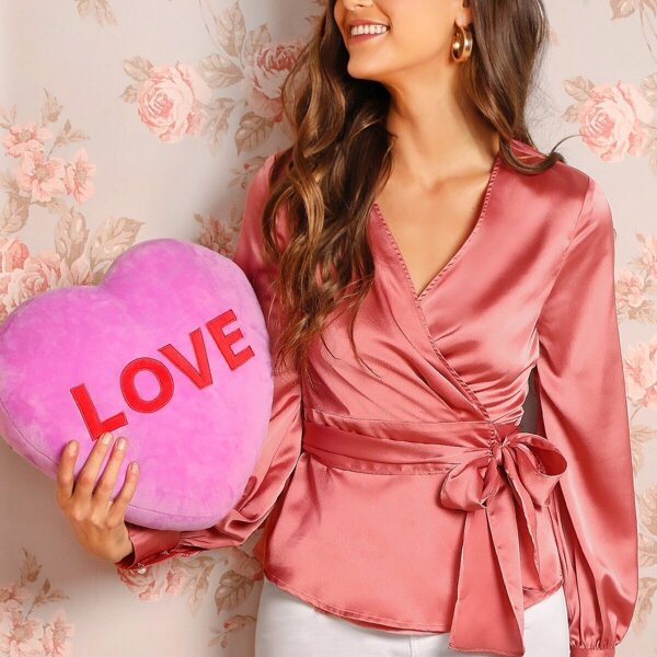 

Tied Side Surplice Satin Tea Top, Pink