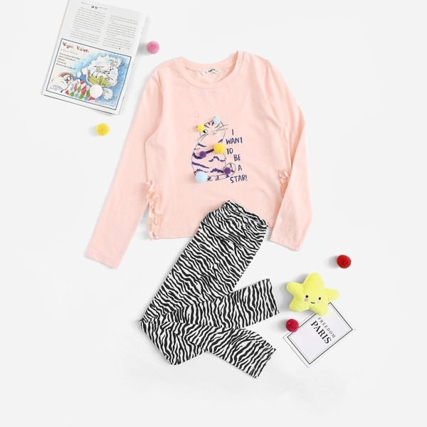 

Girls Pom Pom Detail Cat Print Top & Zebra Print Pants PJ Set