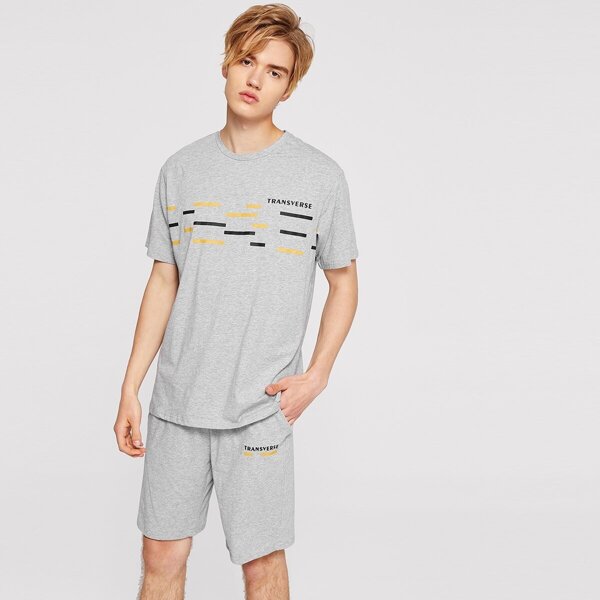 

Men Heather Knit Stripe Print Tee & Shorts PJ Set