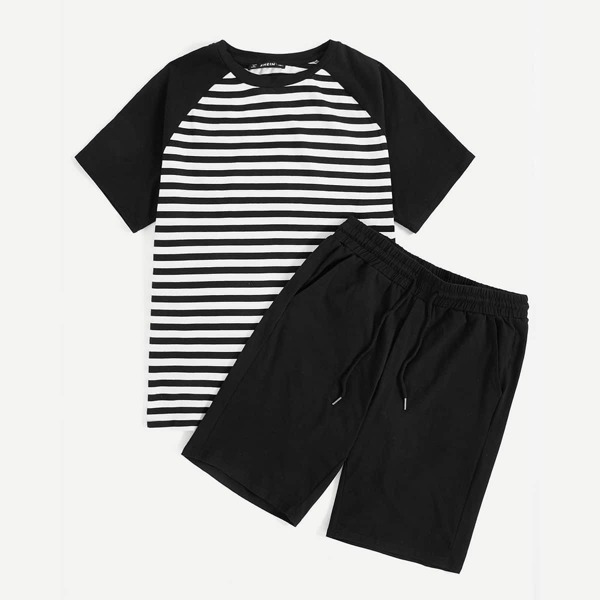 

Men Raglan Sleeve Striped Top & Bermuda Shorts PJ Set