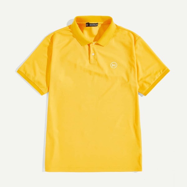 

Men Letter & Circle Embroidery Buttoned Half Placket Polo Shirt, Yellow bright