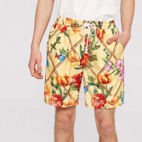 

Men Drawstring Waist Floral Fence Print Shorts