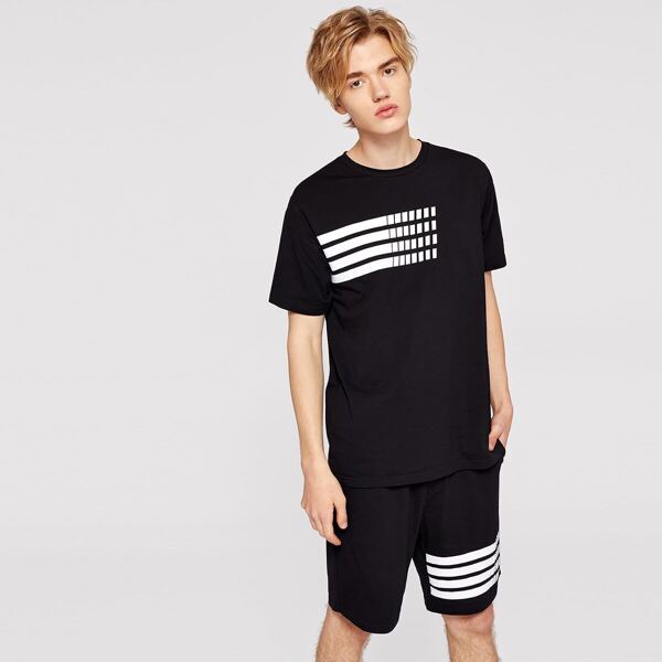 

Men Striped Tee & Pocket Patched Shorts Set