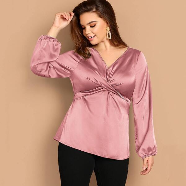 

Plus Balloon Sleeve Twist Front Satin Top