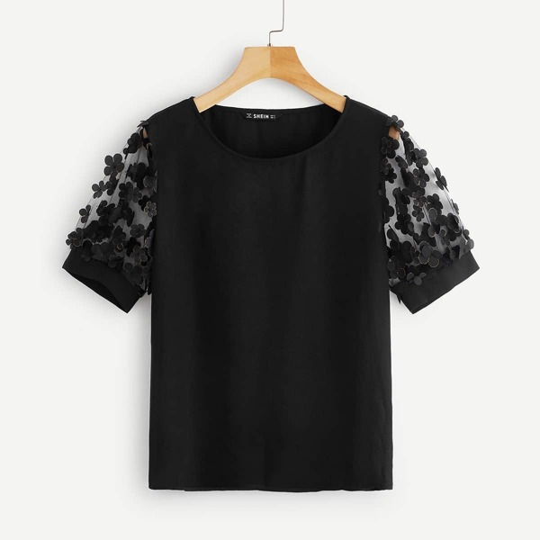 

Floral Appliques Mesh Sleeve Top, Black