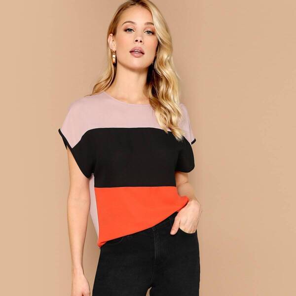 

Color-block Button Keyhole Back Blouse