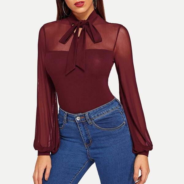 

Tie Neck Sheer Yoke Top, Burgundy