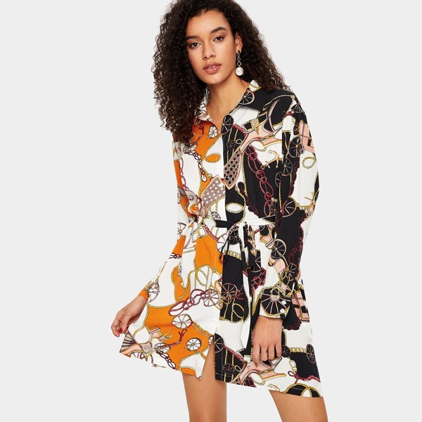 

Spliced Chain Print Belted Shirt Dress