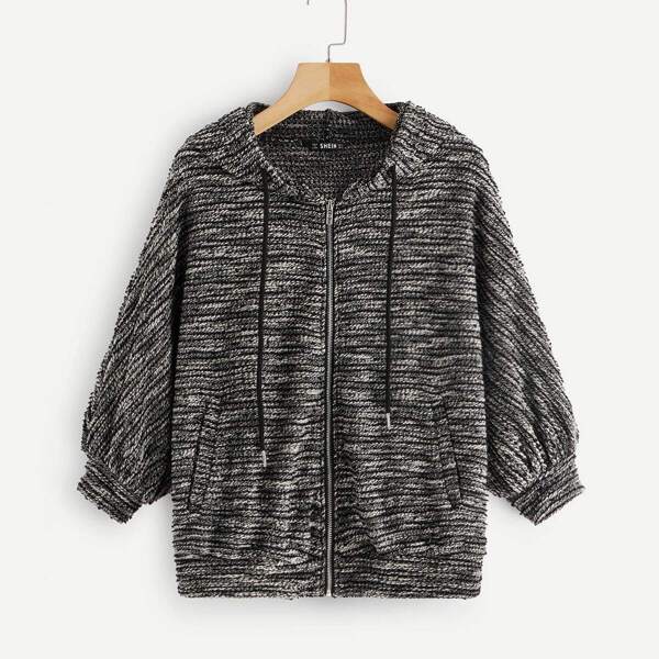 

Zipper Up Boucle Knit Hoodie Jacket, Black and white