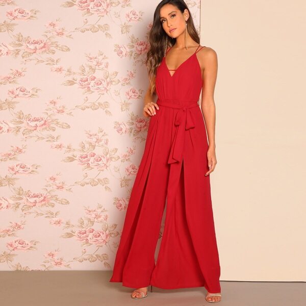 

Crisscross Back Overlap Leg Cami Jumpsuit, Red