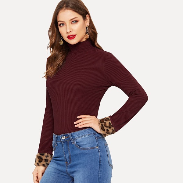 

Leopard Faux Fur Cuff Rib-knit Fitted Tee