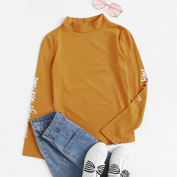 

Mock Neck Slogan Print Sleeve Top, Yellow