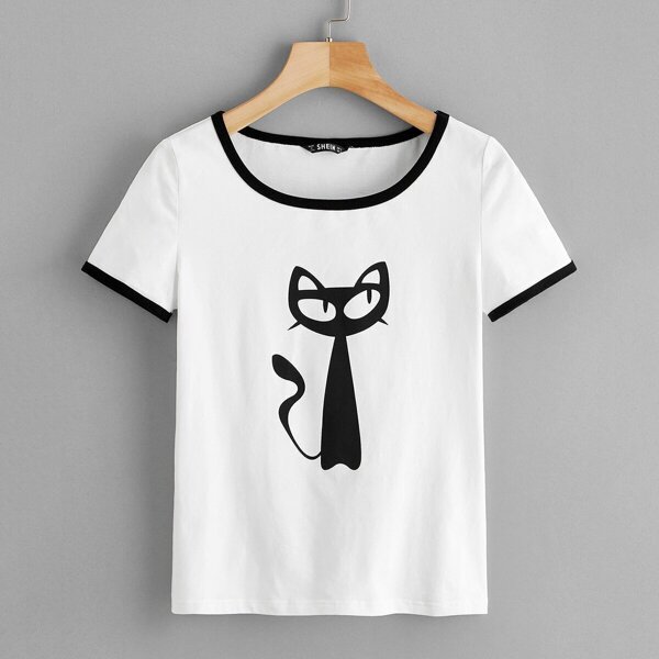 

Cartoon Cat Print Ringer Tee