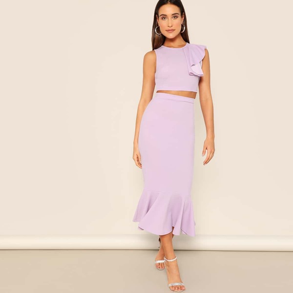 

Zip Back Ruffle Trim Crop Top & Mermaid Skirt Set, Purple