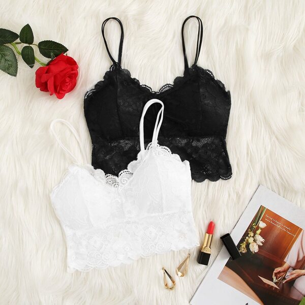 

Scalloped Trim Floral Lace Bralette Set 2pack, Black and white